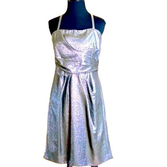 ASL Tahari Luxe Gunmetal Metallic Midi Dress Size 10 Formal w/ Removable Straps - Picture 1 of 10